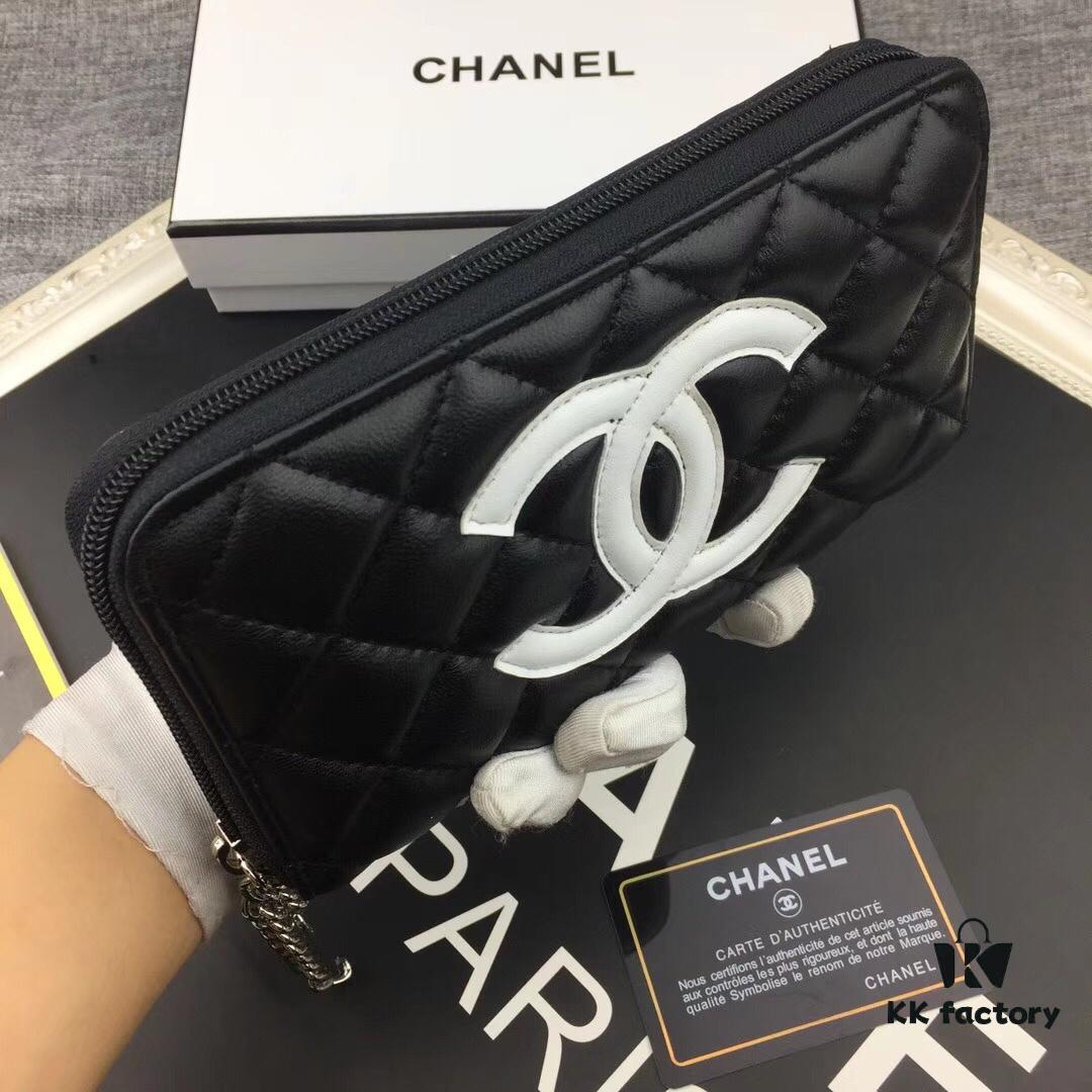 Chanel 15C-169# Small Lambskin Quilted Single-Zip Wallet in Black with White or Black Trim
