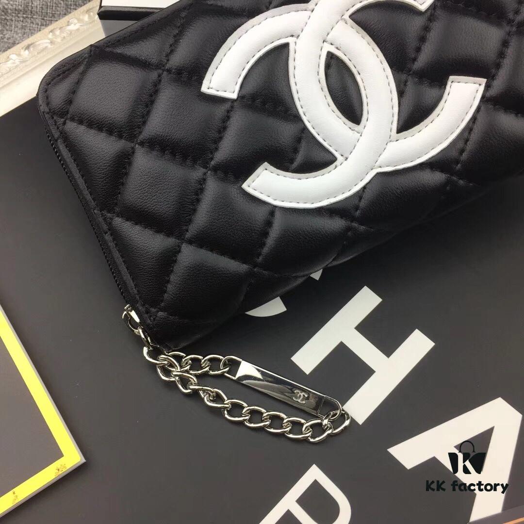Chanel 15C-169# Small Lambskin Quilted Single-Zip Wallet in Black with White or Black Trim