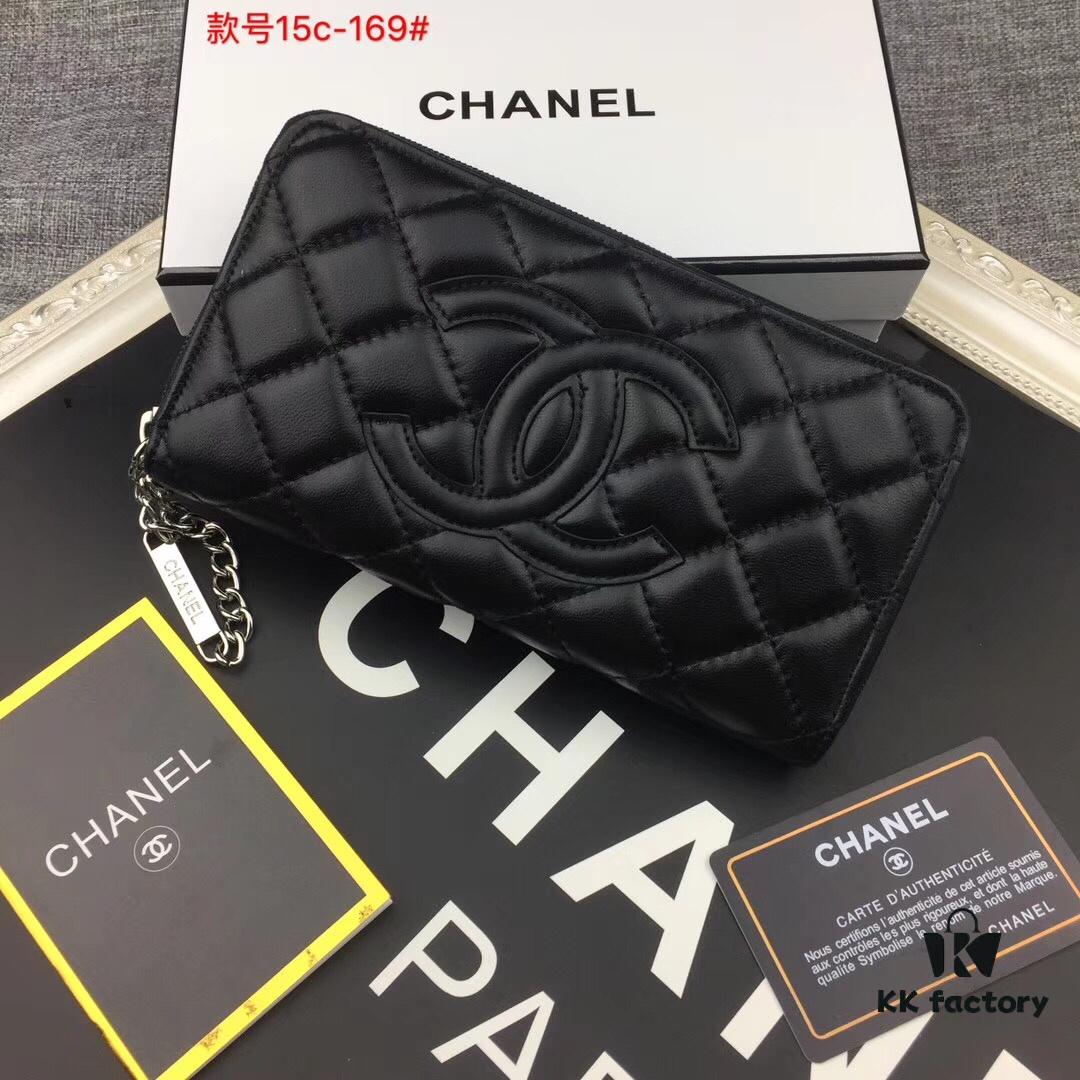 Chanel 15C-169# Small Lambskin Quilted Single-Zip Wallet in Black with White Trim or All Black