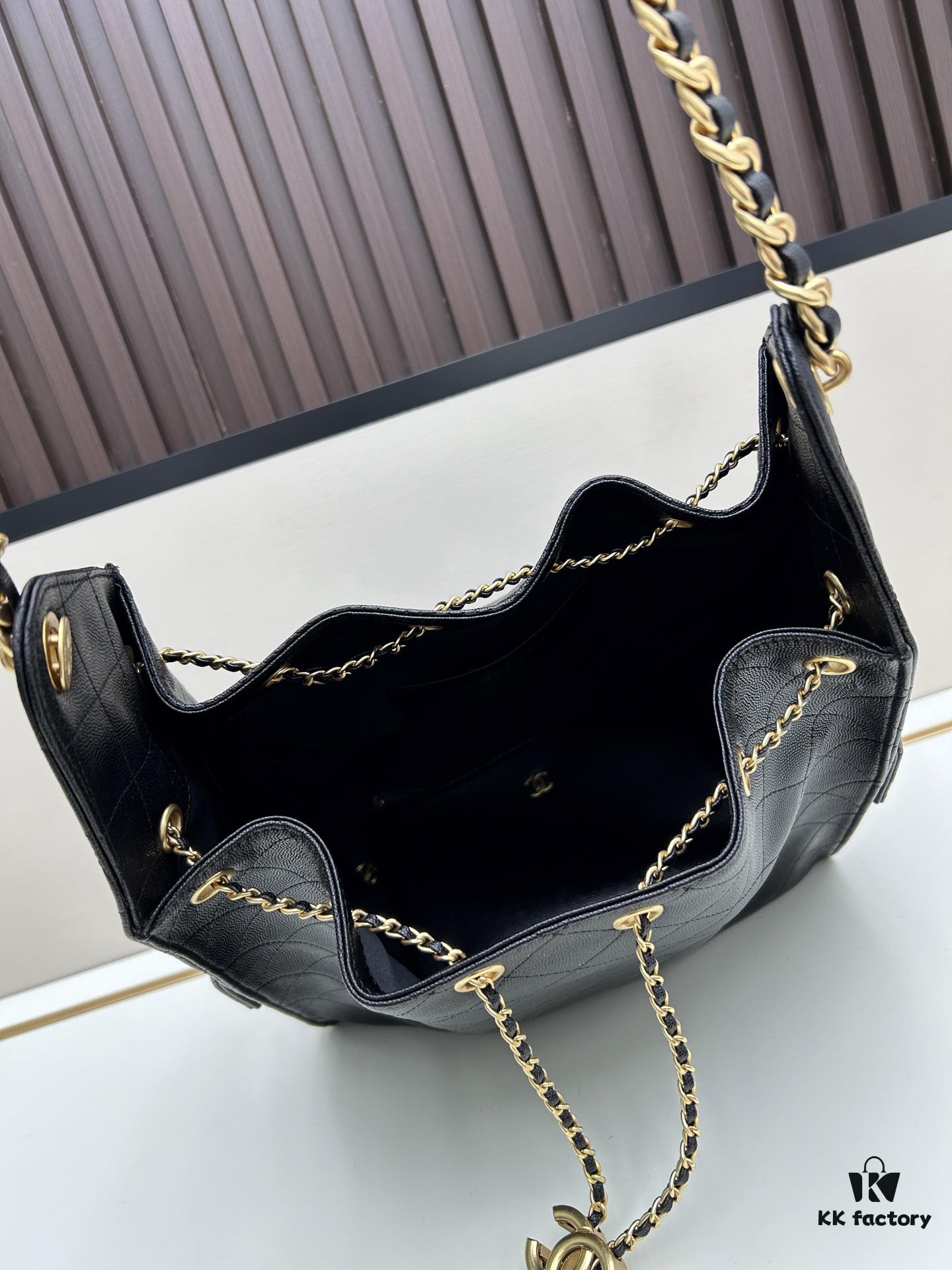 Large Size Suede, Matte Finish, Upgraded Chanel 25C Style Hobo Bag with Vintage Coin Buckle Drawstring Bucket Bag + Diamond Quilting + Retro Black and Gold, Classic Chain Design