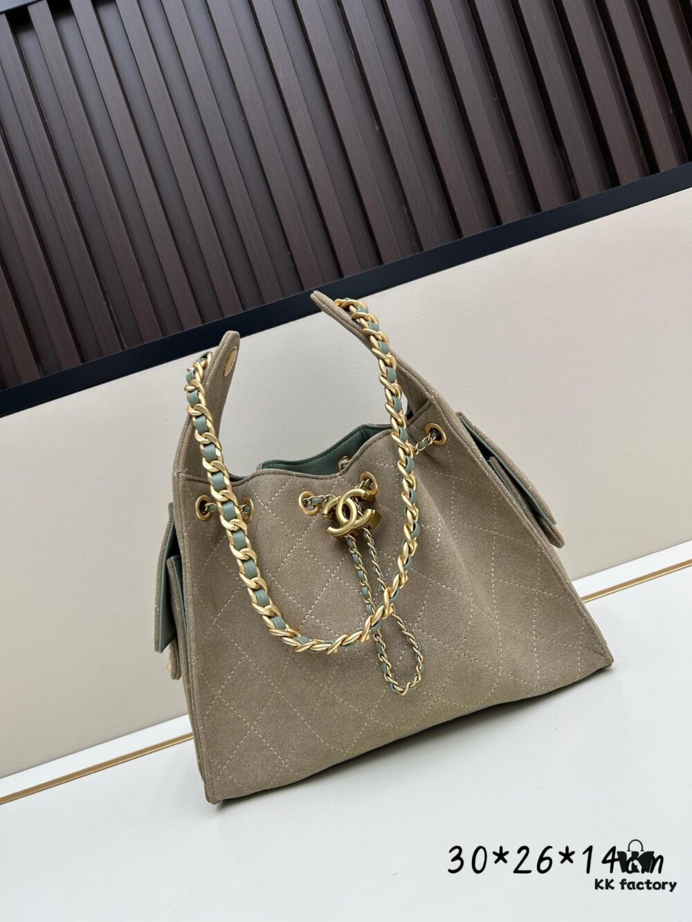 Upgraded Chanel 25C Style Hobo Bag in Quilted Calf Leather - Mini Bucket Shoulder Bag with Vintage Gold-Tone Buckle and Drawstring Closure, Chevron Stitching, Retro Black-Gold Accents, Elegant Chain Design