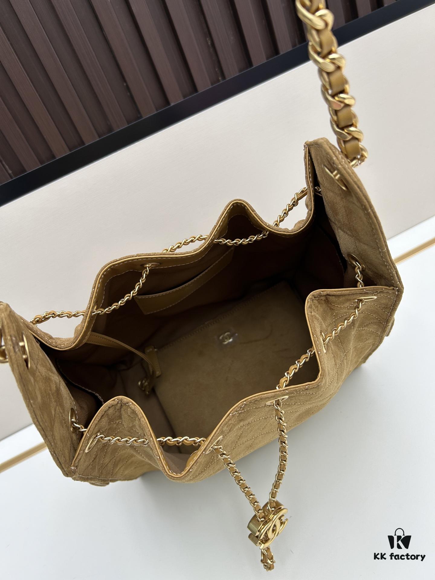 Large Size Suede, Frosted, Upgraded Chanel 25C Style Hobo Bag, Vintage Coin Button Drawstring Bucket Bag with Diamond Quilting and Retro Black-Gold Tone, Classic Chain Design