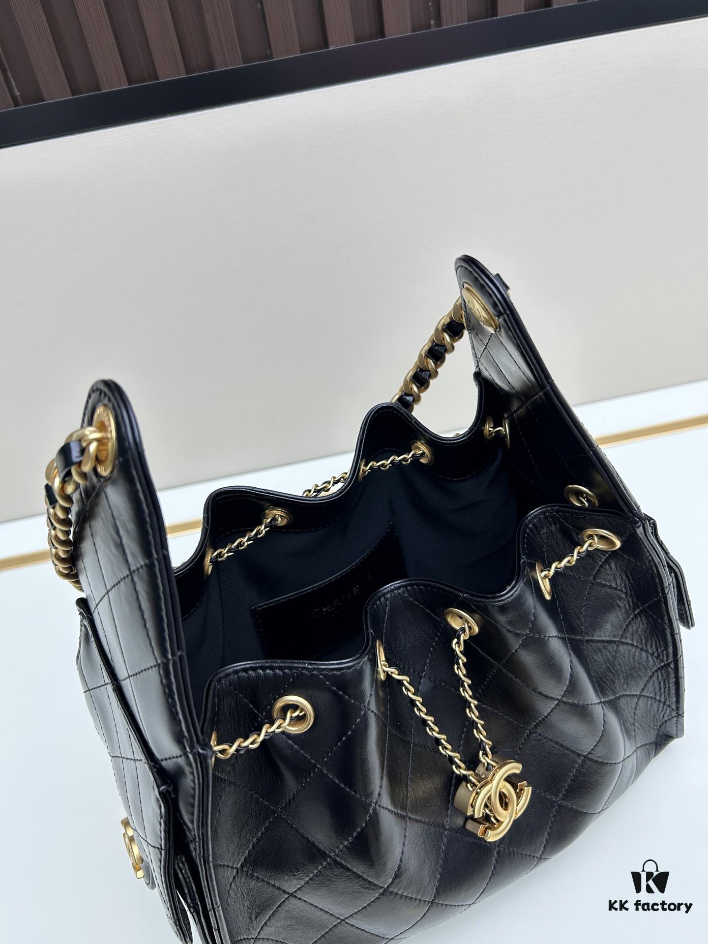 Upgraded Chanel 25C Style Hobo Bag in Quilted Calf Leather – Mini Crossbody Bucket Bag with Vintage Gold-Tone Drawstring Closure, Diamond Stitching, and Classic Chain Strap