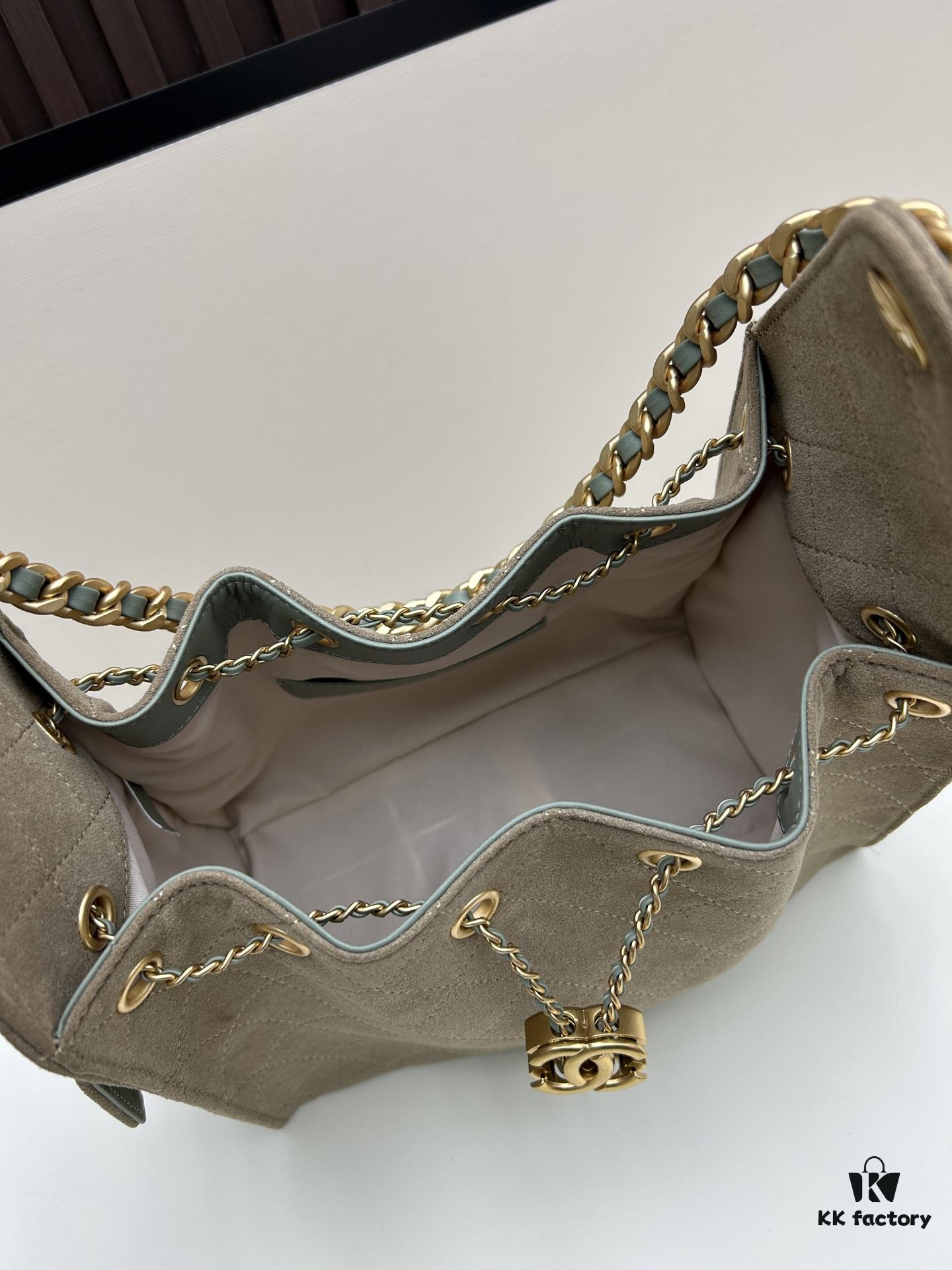 Upgraded Chanel 25C Style Hobo Bag in Quilted Calf Leather - Mini Bucket Shoulder Bag with Vintage Gold-Tone Buckle and Drawstring Closure, Chevron Stitching, Retro Black-Gold Accents, Elegant Chain Design