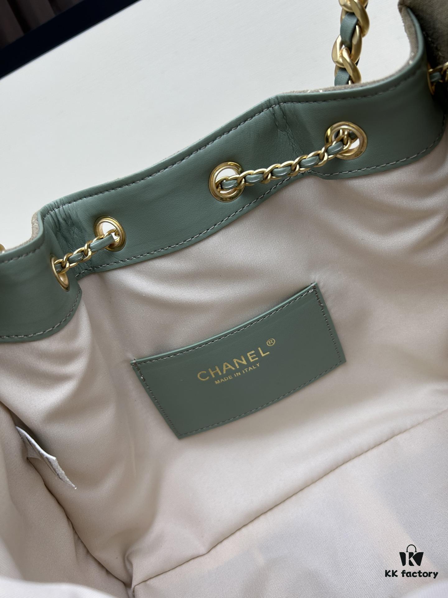 Upgraded Chanel 25C Style Hobo Bag in Quilted Calf Leather - Mini Bucket Shoulder Bag with Vintage Gold-Tone Buckle and Drawstring Closure, Chevron Stitching, Retro Black-Gold Accents, Elegant Chain Design