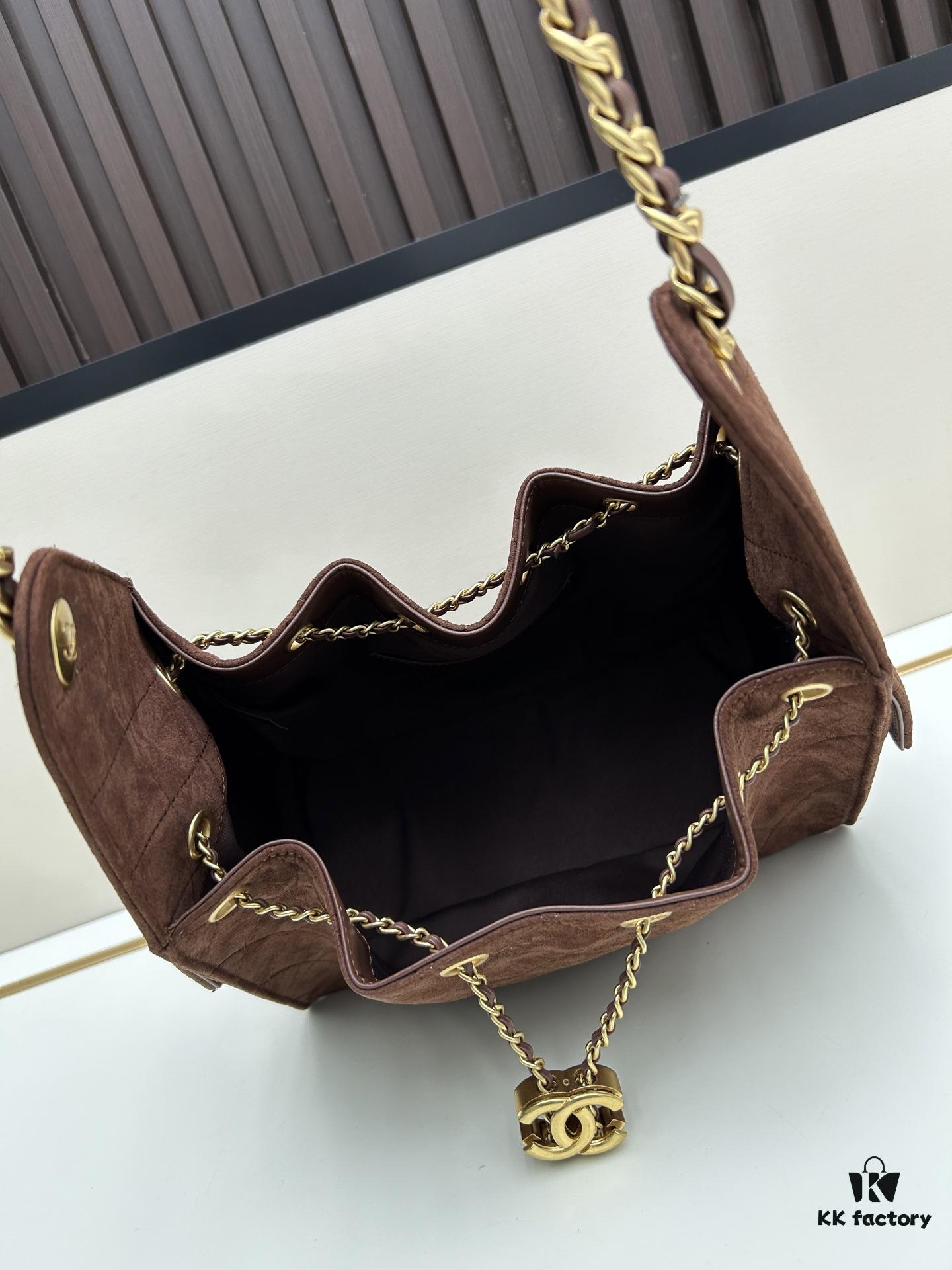 Upgraded Chanel 25C Hobo Bag Mini, Quilted Calfskin Crossbody Bucket Bag with Vintage Gold Buckle Drawstring, Diamond Stitching, Retro Black-Gold Tone, Classic Chain Design