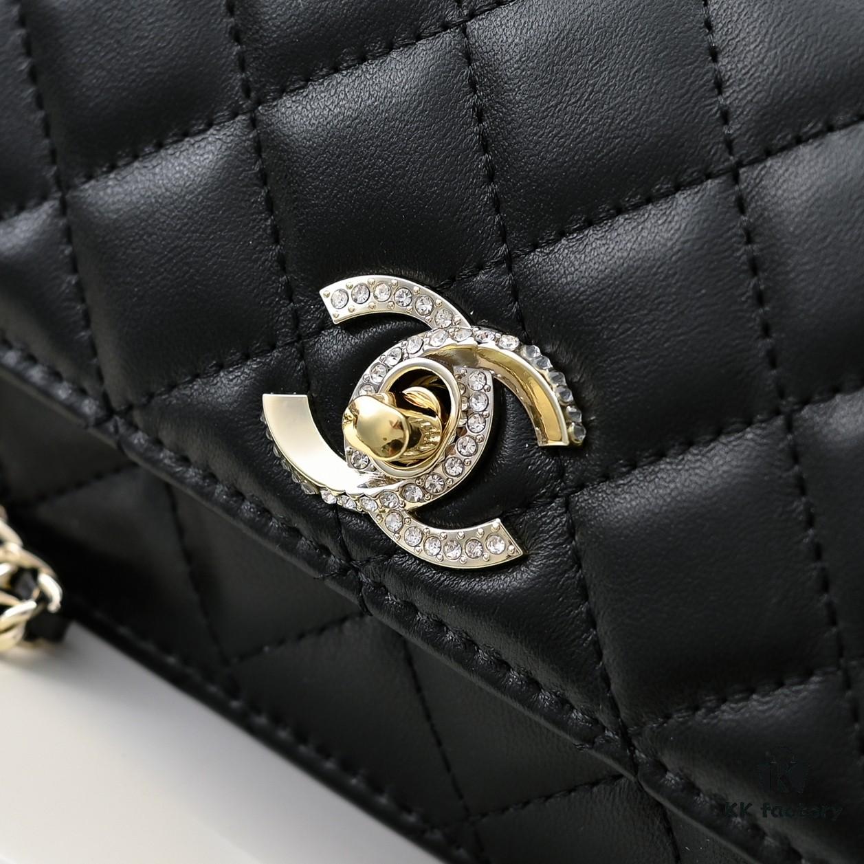 CHANEL 2024 Fall/Winter New Arrival Genuine Lambskin WOC with Metal Rhinestone Handle, Stylish and Elegant, Can Be Carried by Hand or Crossbody