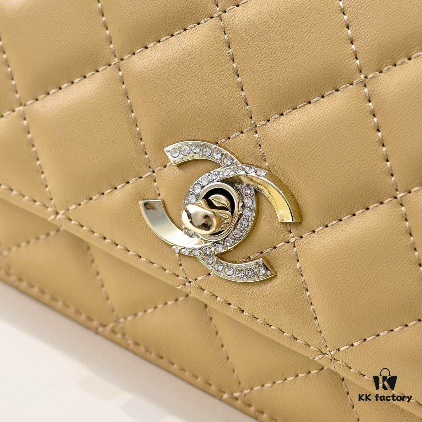 CHANEL 2024 Fall/Winter New Arrival Genuine Lambskin WOC with Metal Rhinestone Handle, Stylish and Elegant, Can Be Carried by Hand or Crossbody