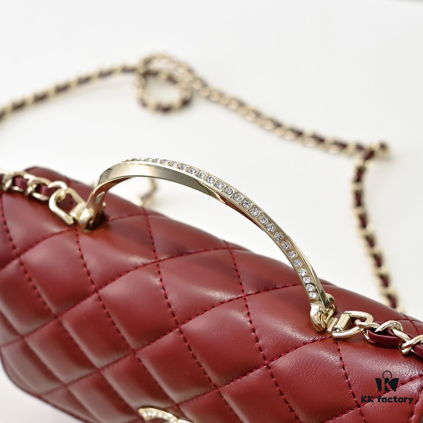 CHANEL 2024 Fall/Winter New Arrival Genuine Lambskin WOC with Metallic Rhinestone Handle, Stylish and Elegant – Can Be Carried by Hand or Worn Crossbody