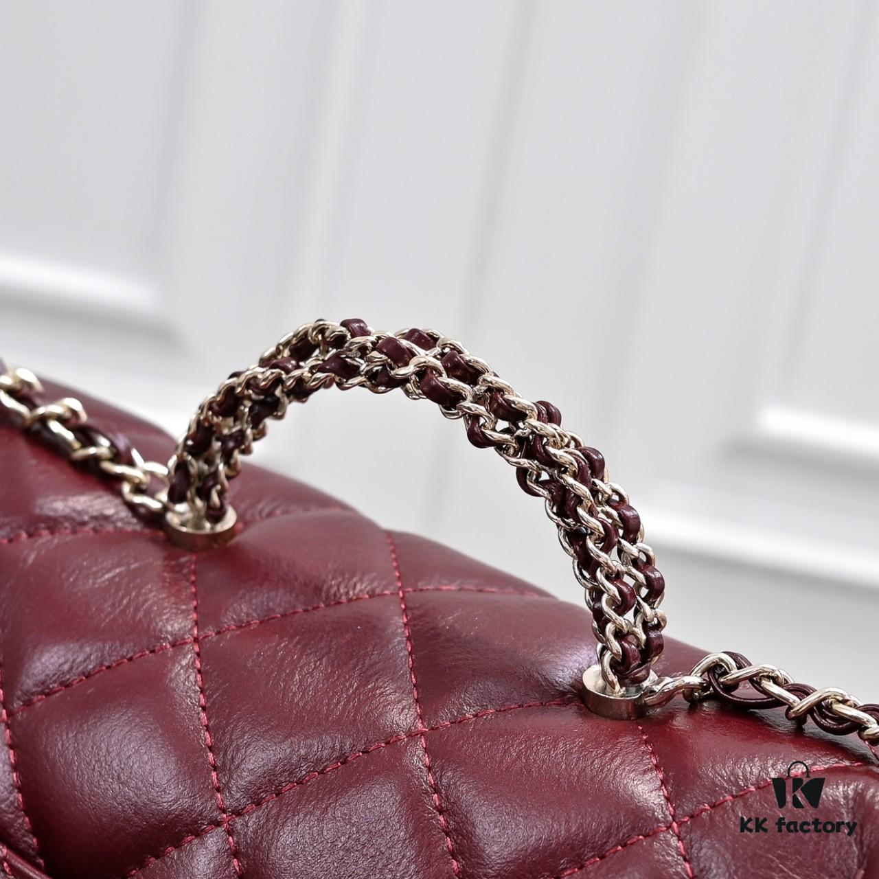 Large Size 👑 Chanel 24B New Collection Top-Grain Waxed Leather Bag with Braided Metal Chain Handle