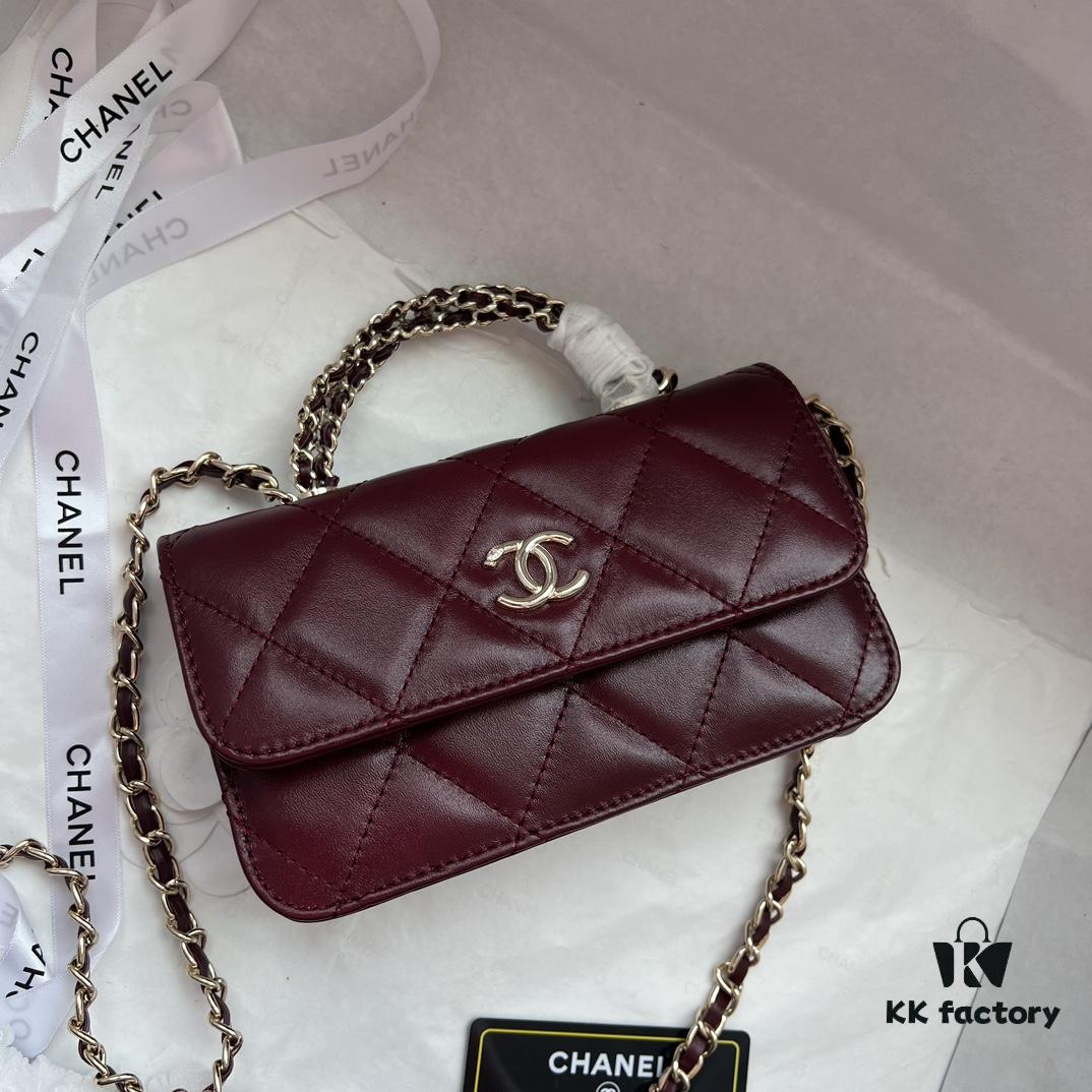 Chanel 24B New Collection WOC. Top-grain waxed leather with a braided 'twisted rope' metal chain handle, composed of three separate chains forming an integrated fixed handle. Compact size: 17x10cm, Model: 1211