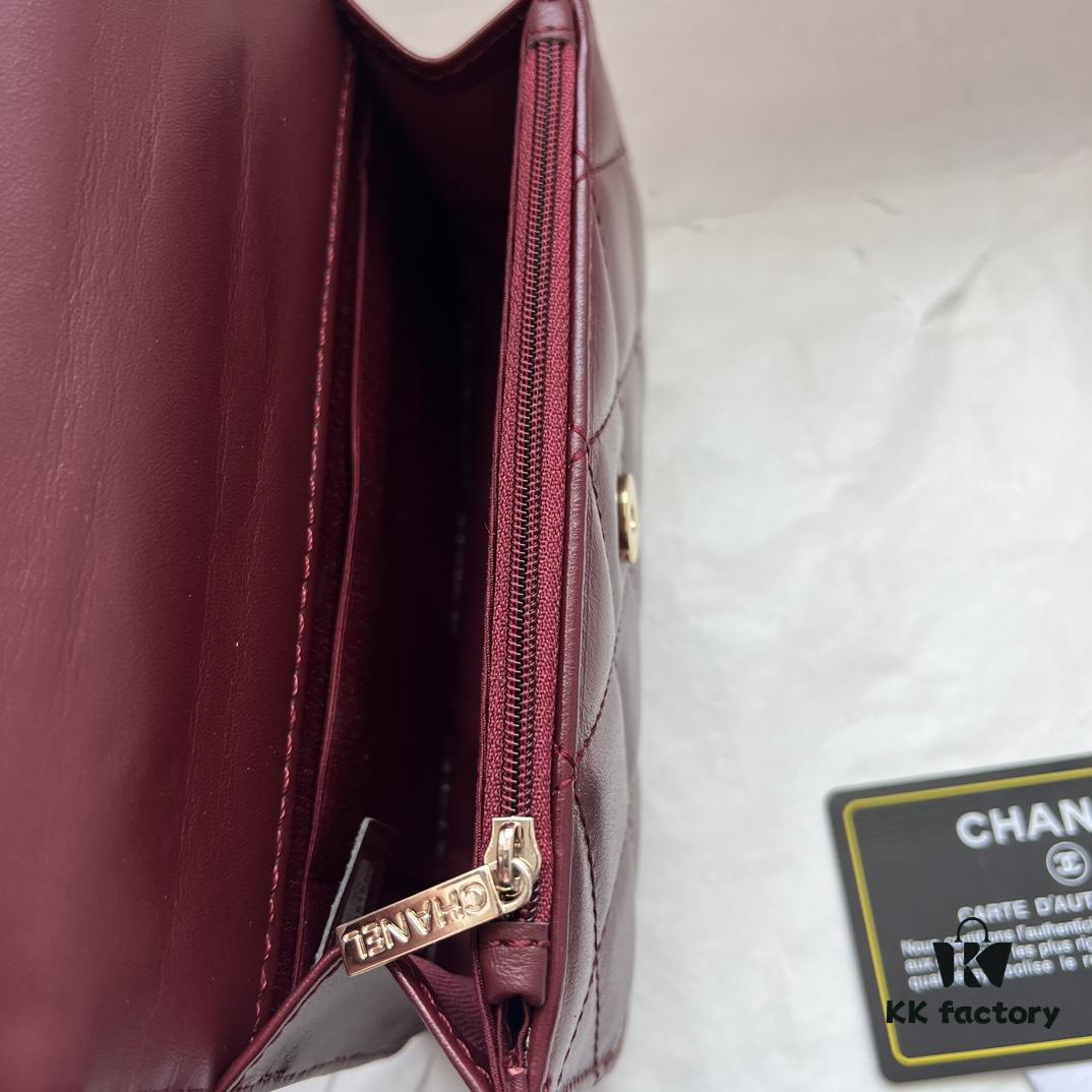 Chanel 24B New Collection WOC. Top-grain waxed leather with a braided 'twisted rope' metal chain handle, composed of three separate chains forming an integrated fixed handle. Compact size: 17x10cm, Model: 1211