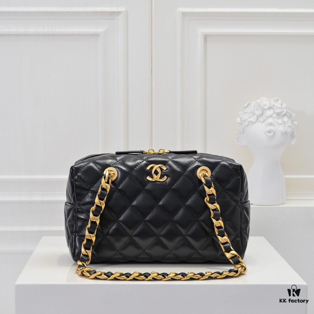 Chanel 24B Thick Chain Pillow Bag, Top-Grade Cowhide, Elegant and Charming Black Shoulder Bag with CC Logo and Black-Gold Woven Chain