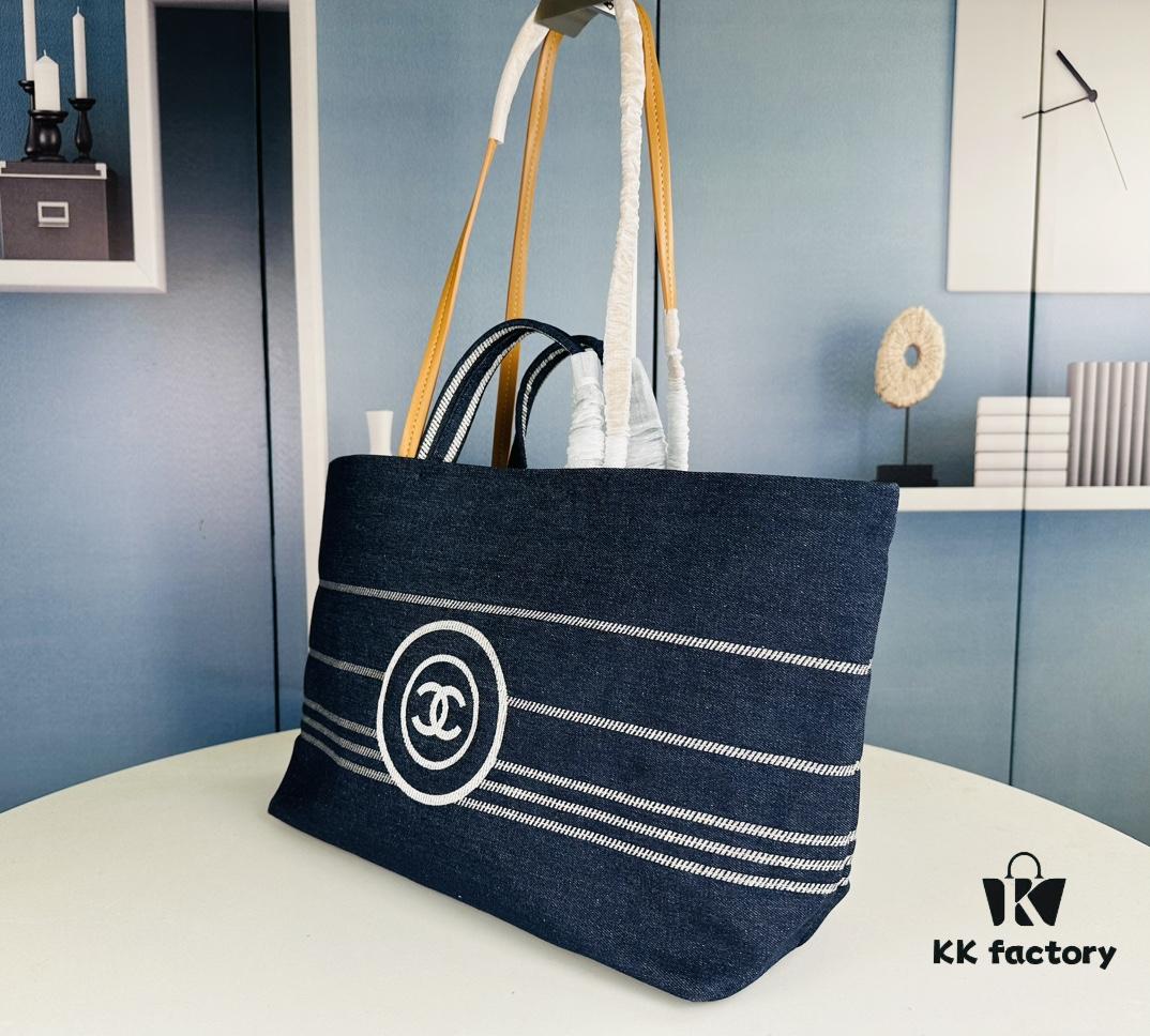 Large New Arrival CHANEL Navy Striped Denim Beach Tote – The Perfect Companion for Vacation and Everyday Elegance