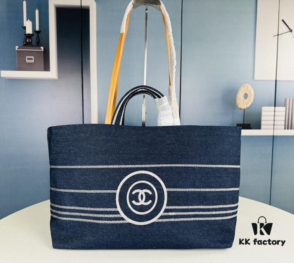 Large New Arrival CHANEL Navy Striped Denim Beach Tote – The Perfect Companion for Vacation and Everyday Elegance