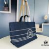 Large New Arrival CHANEL Navy Striped Denim Beach Tote – The Perfect Companion for Vacation and Everyday Elegance