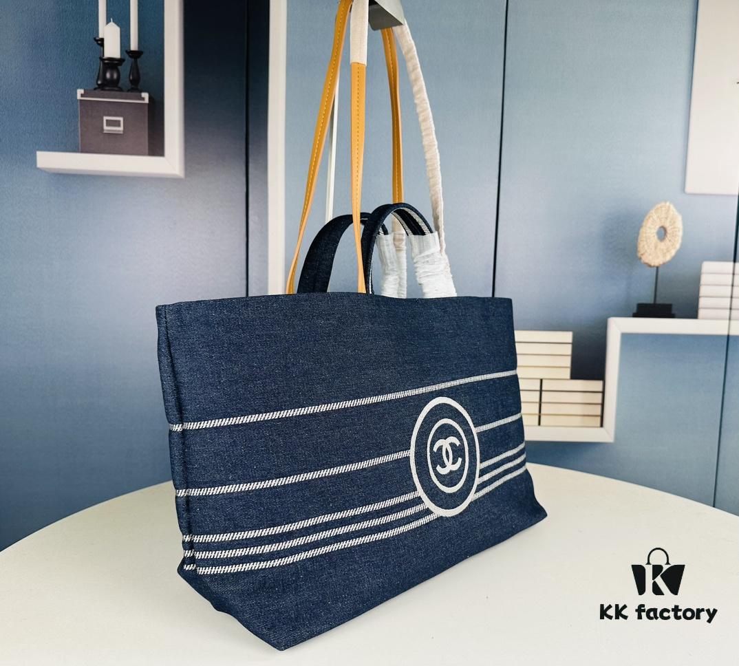 Large New Arrival CHANEL Navy Striped Denim Beach Tote – The Perfect Companion for Vacation and Everyday Elegance