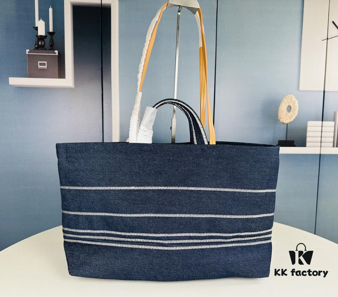 Large New Arrival CHANEL Navy Striped Denim Beach Tote – The Perfect Companion for Vacation and Everyday Elegance