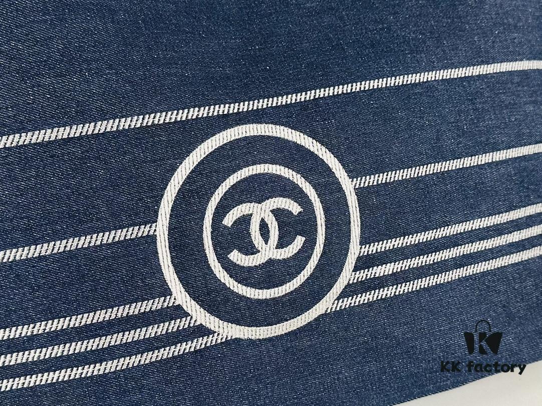 Large New Arrival CHANEL Navy Striped Denim Beach Tote – The Perfect Companion for Vacation and Everyday Elegance