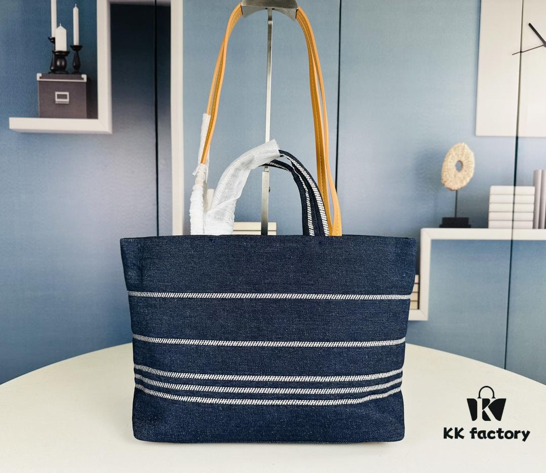 Small-sized New Arrival CHANEL Navy Blue Striped Denim Beach Tote