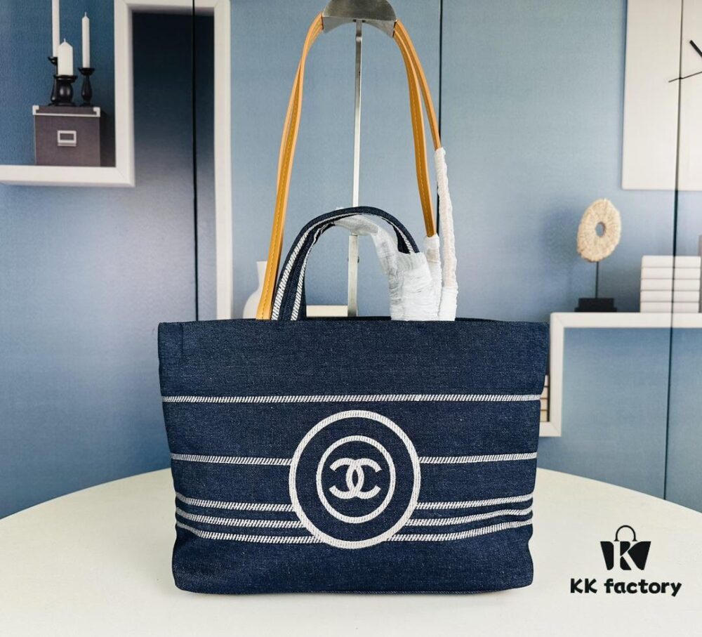 Small-sized New Arrival CHANEL Navy Blue Striped Denim Beach Tote