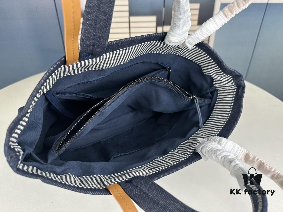 Small-sized New Arrival CHANEL Navy Blue Striped Denim Beach Tote