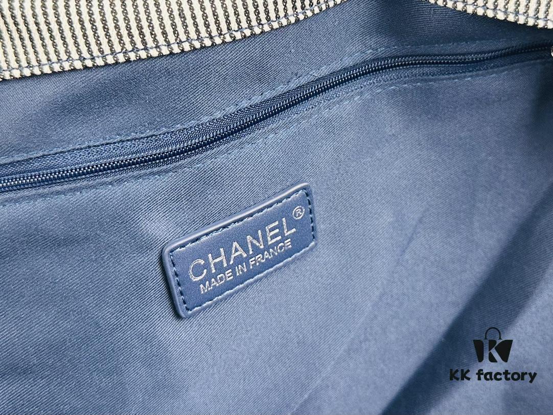Large New Arrival CHANEL Navy Striped Denim Beach Tote – The Perfect Companion for Vacation and Everyday Elegance