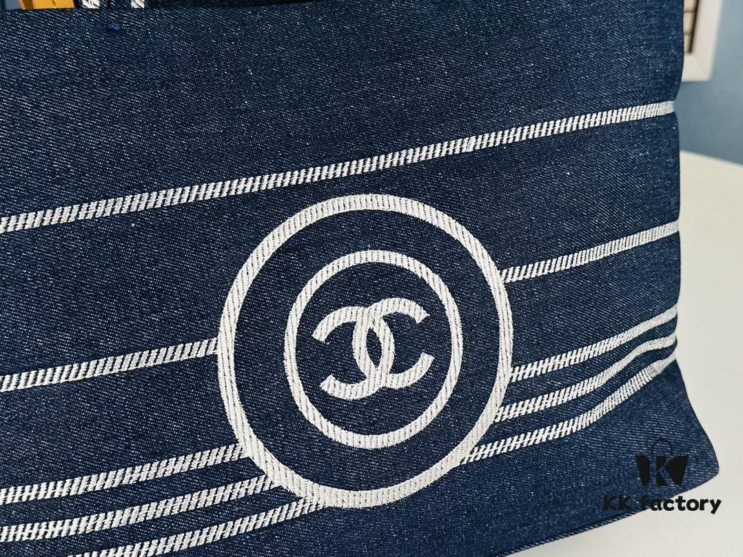Small-sized New Arrival CHANEL Navy Blue Striped Denim Beach Tote