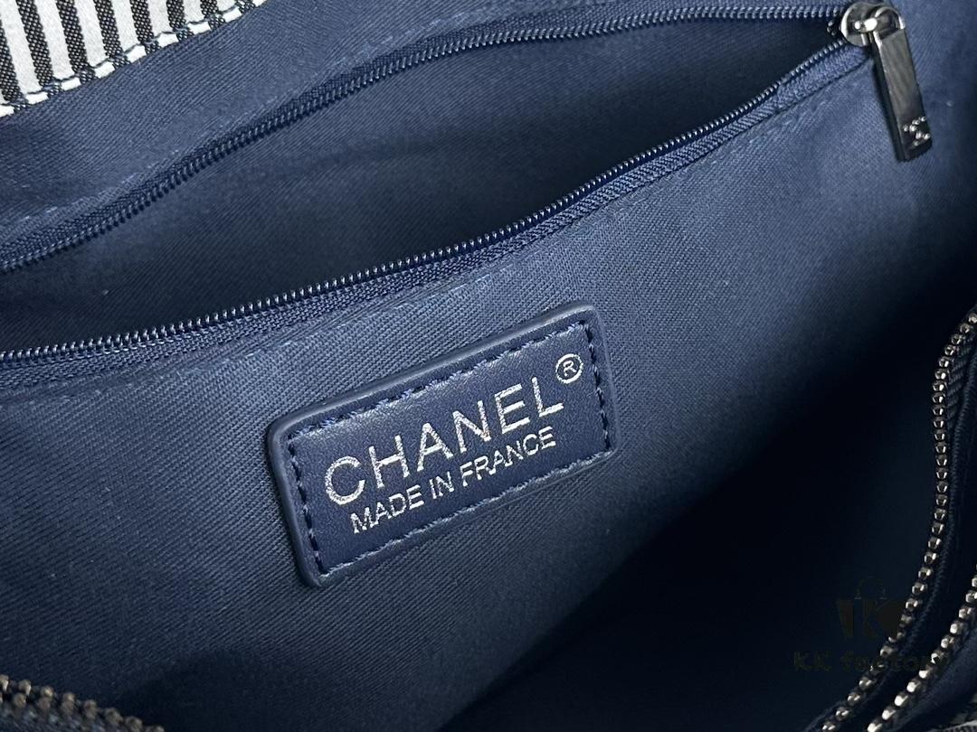 Small-sized New Arrival CHANEL Navy Blue Striped Denim Beach Tote