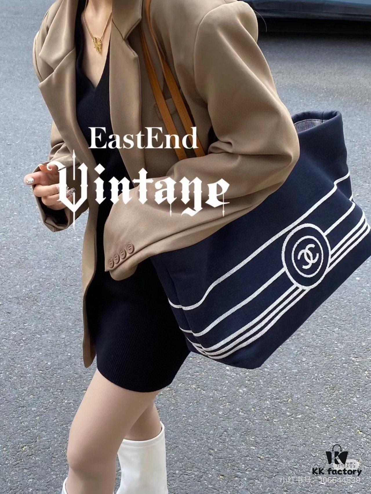 Large New Arrival CHANEL Navy Striped Denim Beach Tote Bag