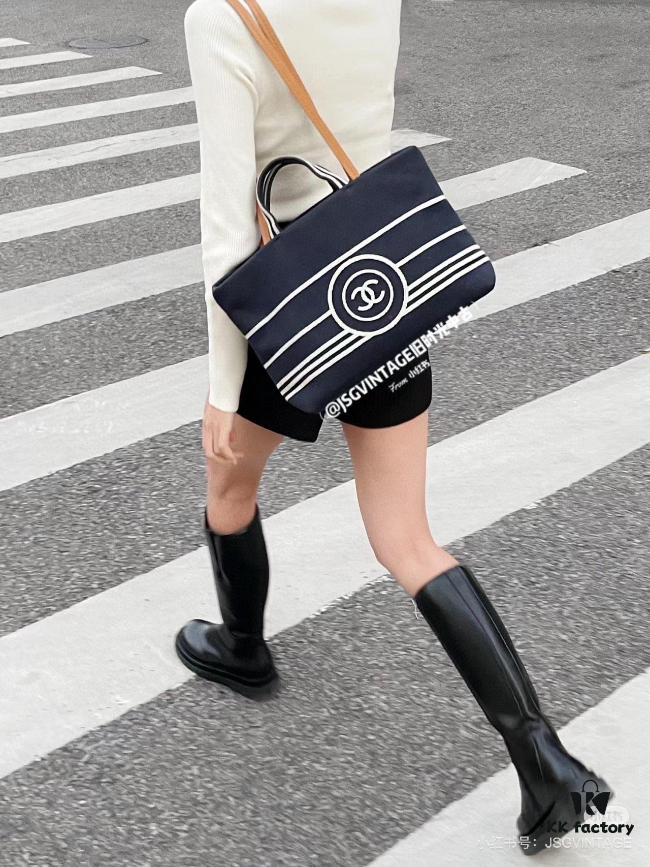 Large New Arrival CHANEL Navy Striped Denim Beach Tote Bag