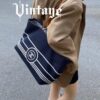 Large New Arrival CHANEL Navy Striped Denim Beach Tote Bag