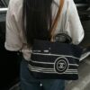 Large New Arrival CHANEL Navy Striped Denim Beach Tote Bag