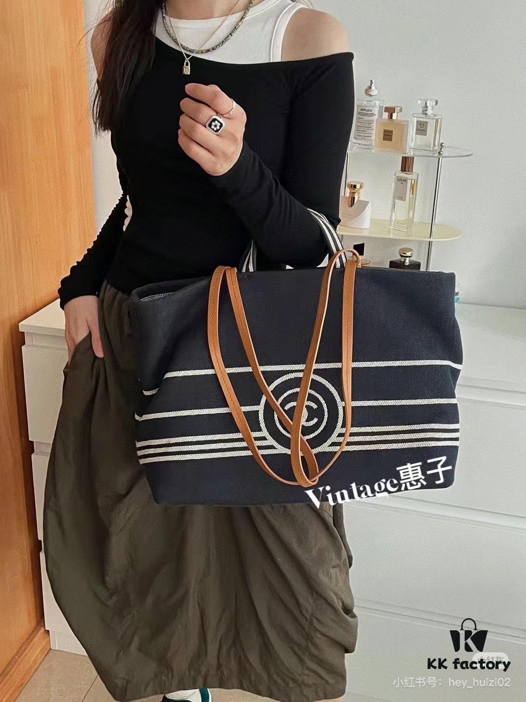 Large New Arrival CHANEL Navy Striped Denim Beach Tote Bag