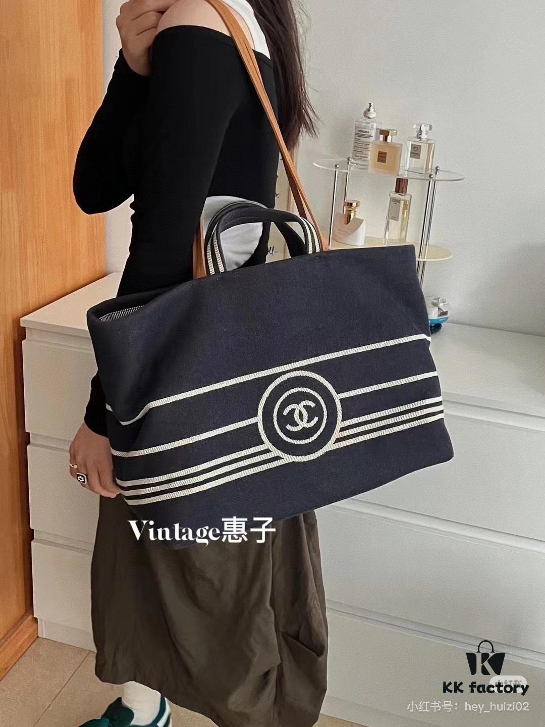 Large New Arrival CHANEL Navy Striped Denim Beach Tote Bag