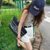 Large New Arrival CHANEL Navy Striped Denim Beach Tote Bag