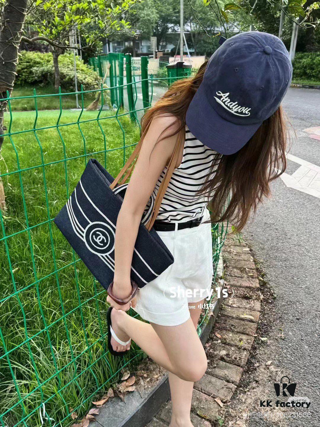 Large New Arrival CHANEL Navy Striped Denim Beach Tote Bag