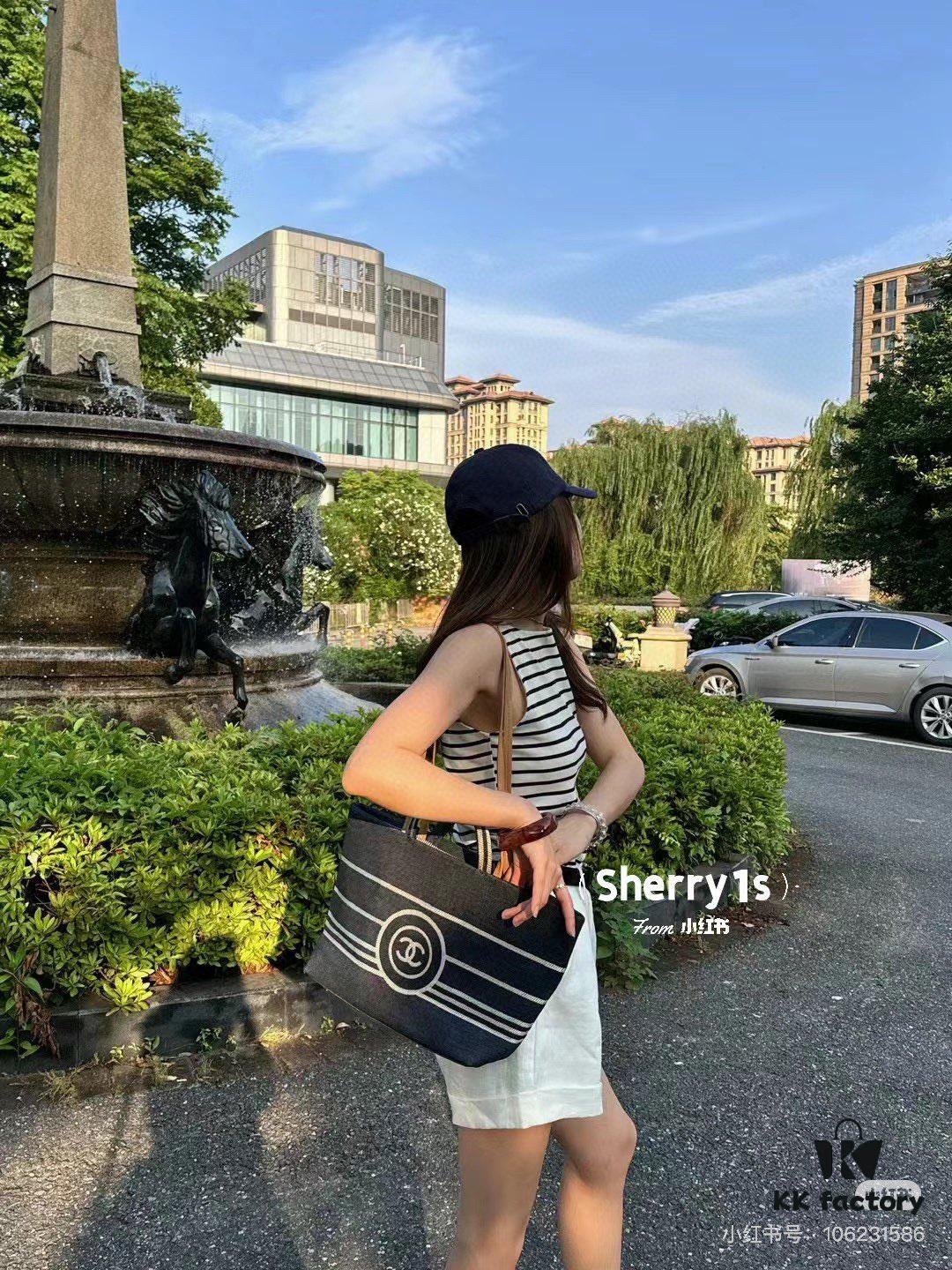 Large New Arrival CHANEL Navy Striped Denim Beach Tote Bag