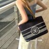 Large New Arrival CHANEL Navy Striped Denim Beach Tote Bag