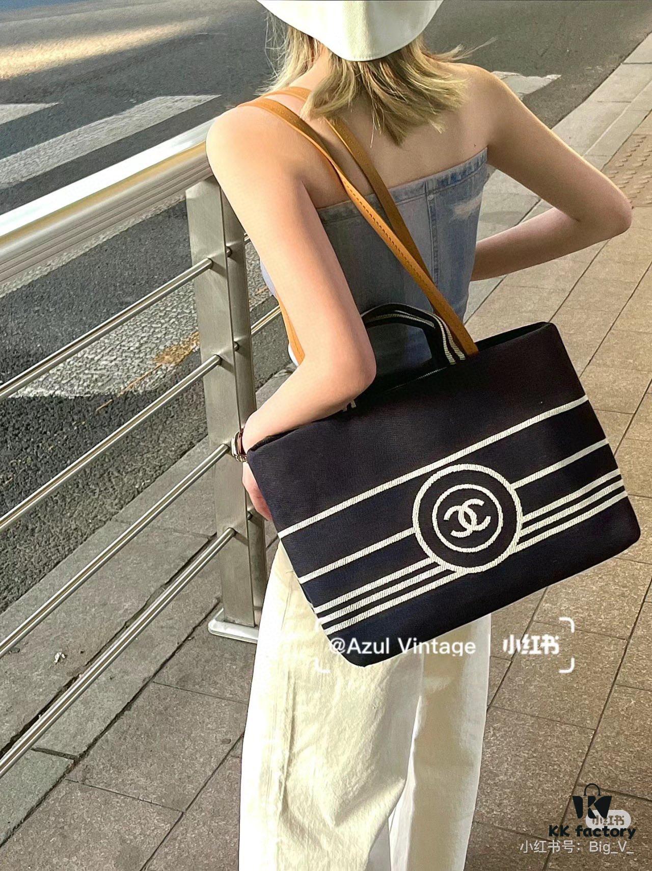 Large New Arrival CHANEL Navy Striped Denim Beach Tote Bag