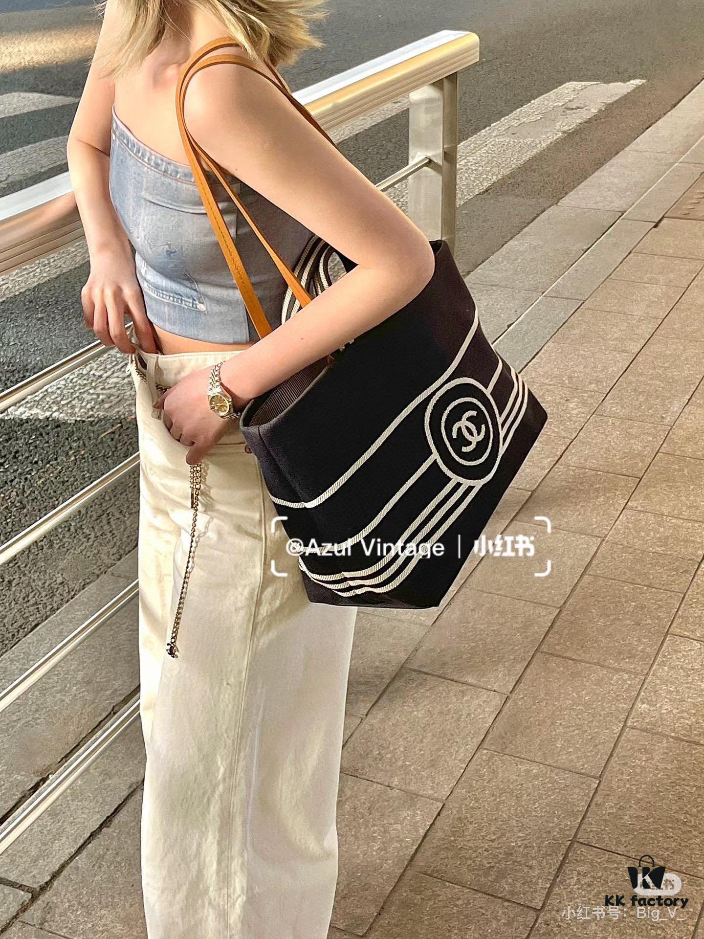 Large New Arrival CHANEL Navy Striped Denim Beach Tote Bag