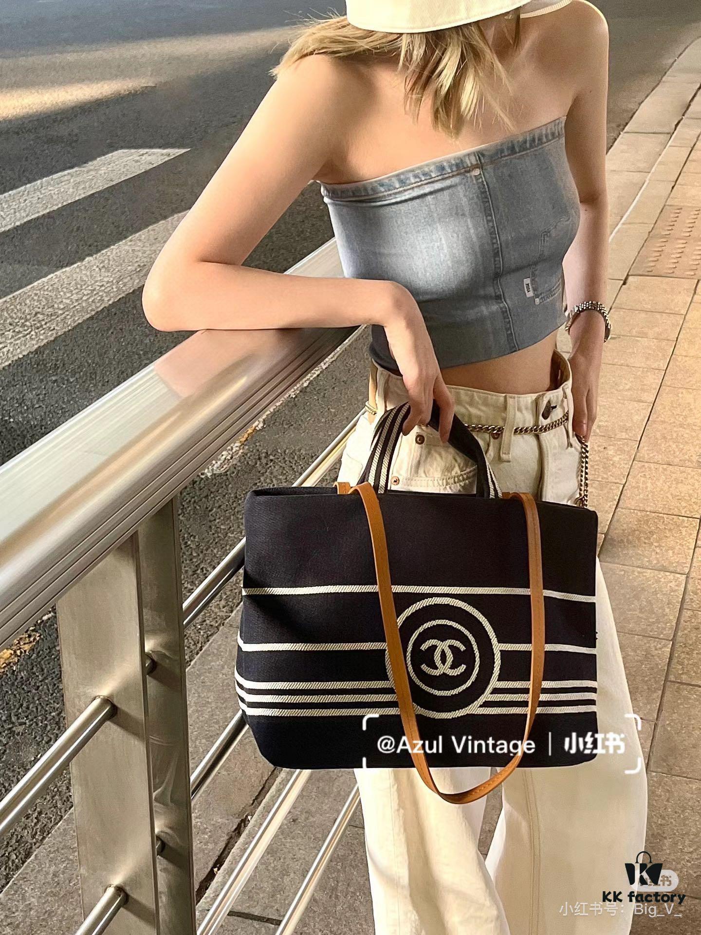 Large New Arrival CHANEL Navy Striped Denim Beach Tote Bag