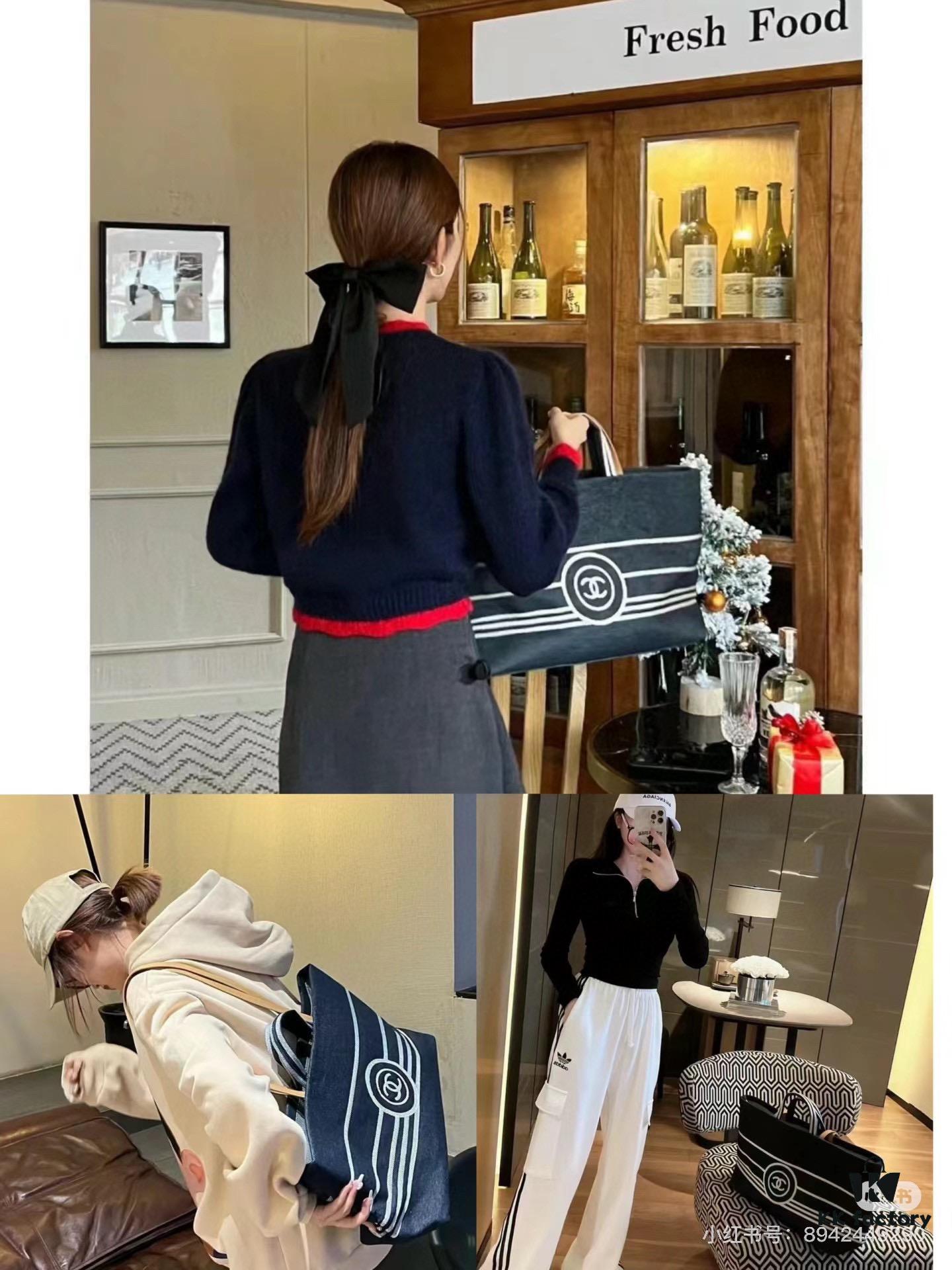 Large New Arrival CHANEL Navy Striped Denim Beach Tote Bag