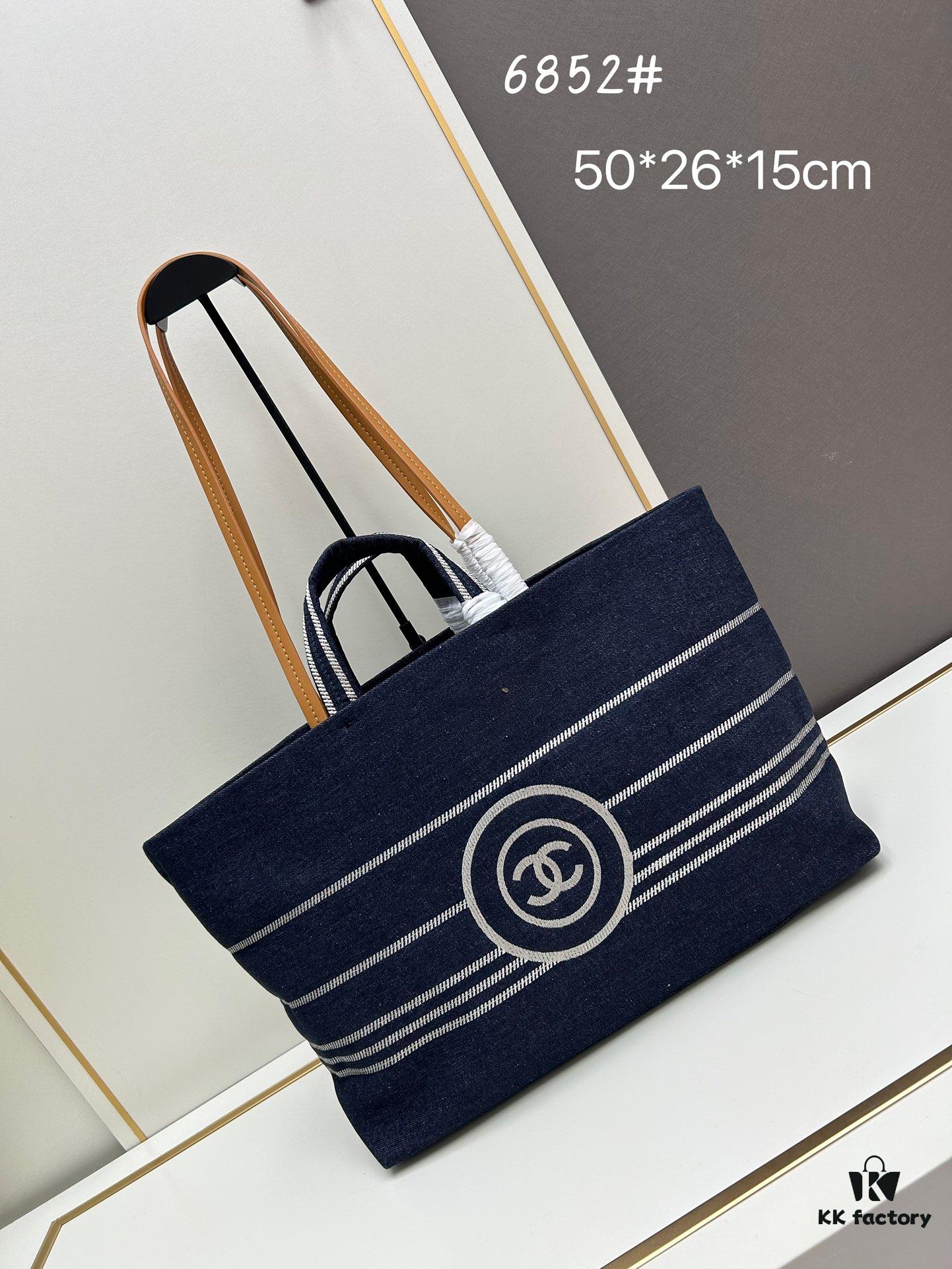 Large New Arrival CHANEL Navy Blue Striped Denim Beach Tote – A Must-Have for Vacation Style