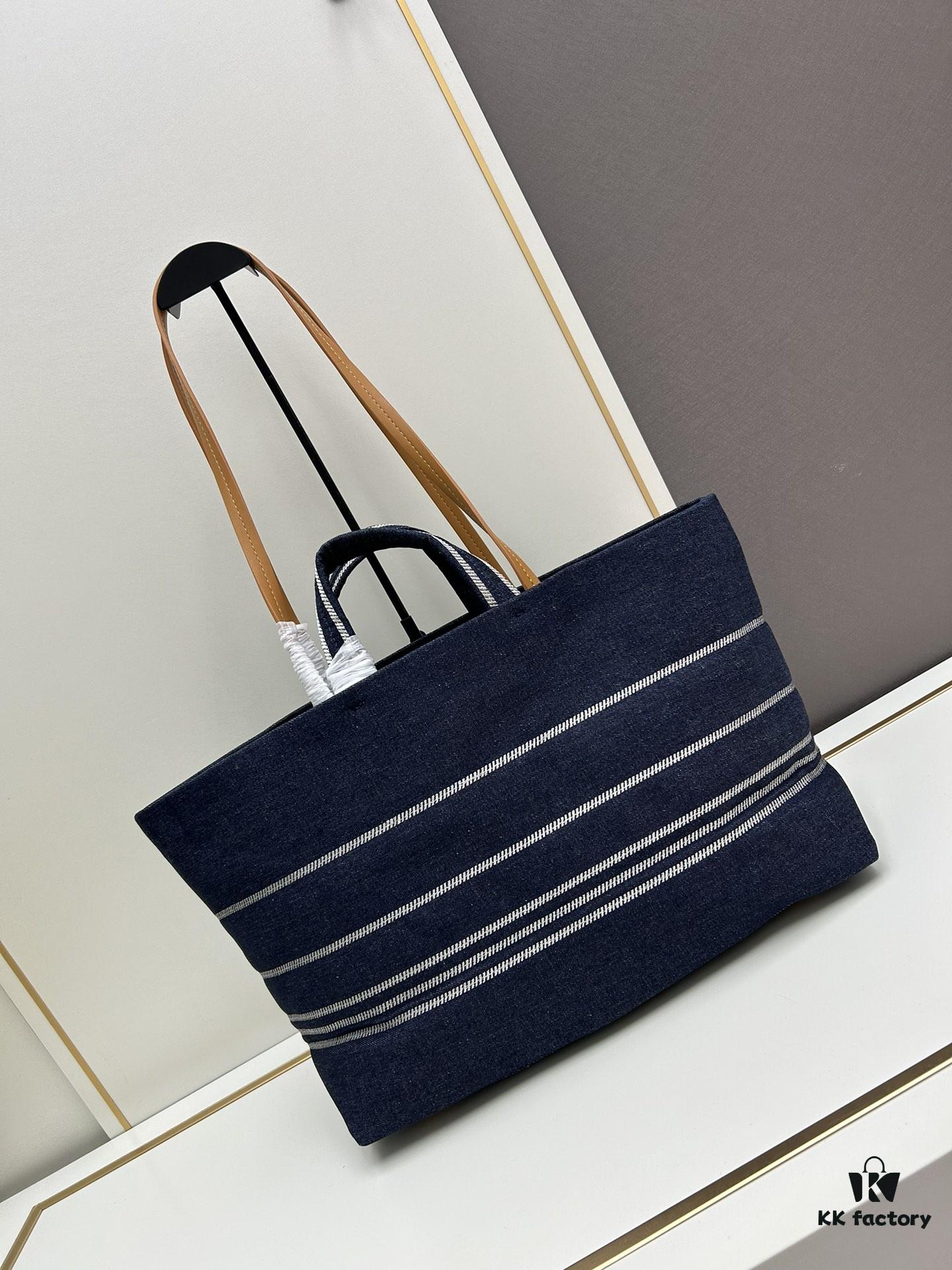 Large New Arrival CHANEL Navy Blue Striped Denim Beach Tote – A Must-Have for Vacation Style
