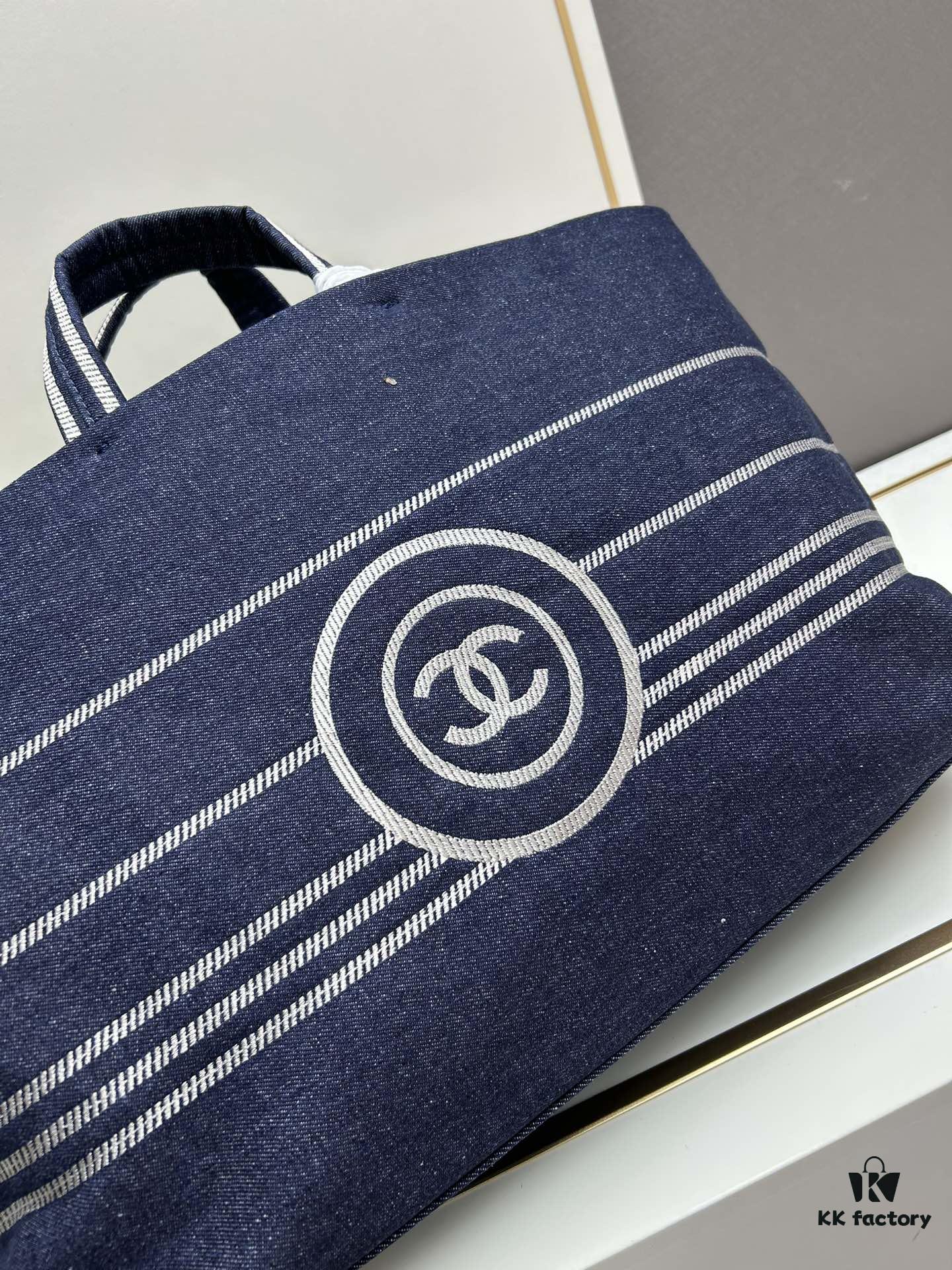 Large New Arrival CHANEL Navy Blue Striped Denim Beach Tote – A Must-Have for Vacation Style