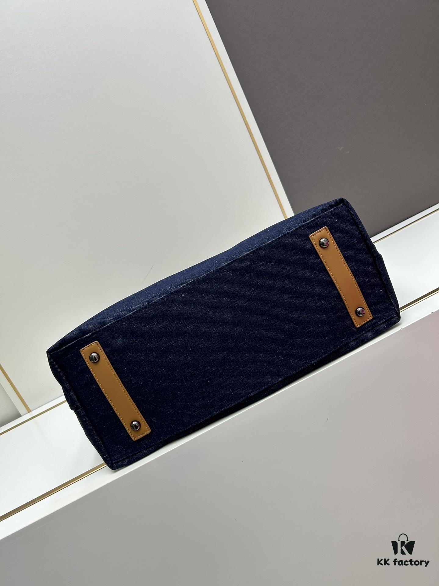 Large New Arrival CHANEL Navy Blue Striped Denim Beach Tote – A Must-Have for Vacation Style