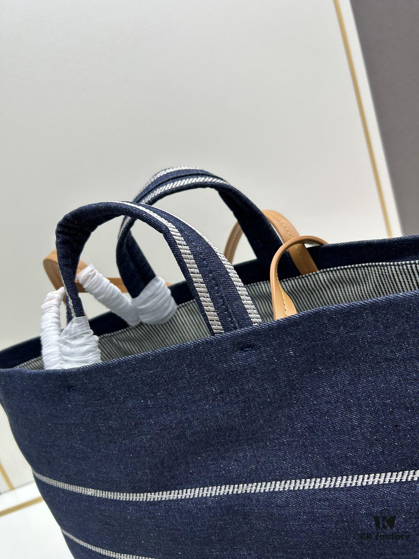 Large New Arrival CHANEL Navy Blue Striped Denim Beach Tote – A Must-Have for Vacation Style