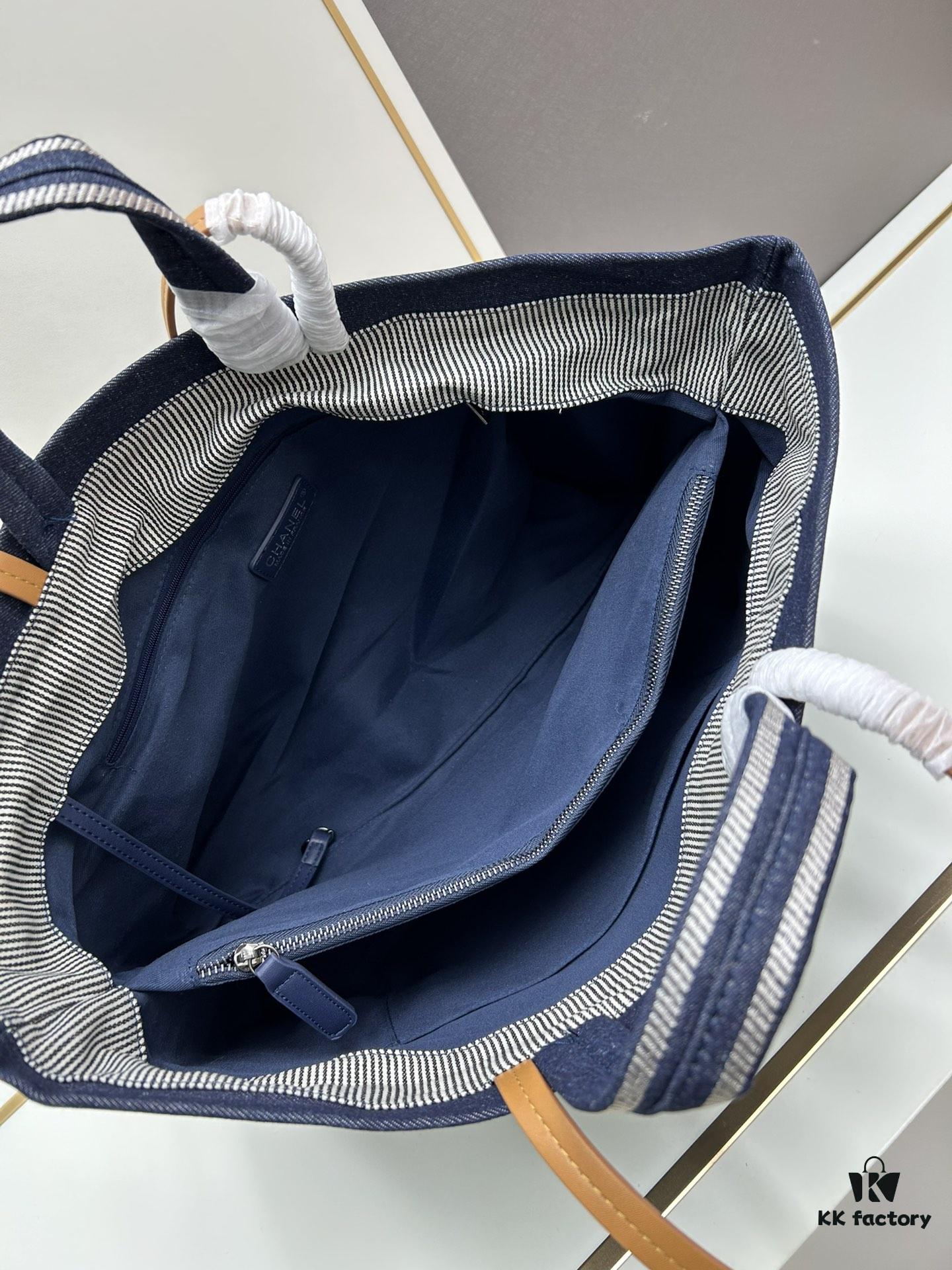 Large New Arrival CHANEL Navy Blue Striped Denim Beach Tote – A Must-Have for Vacation Style