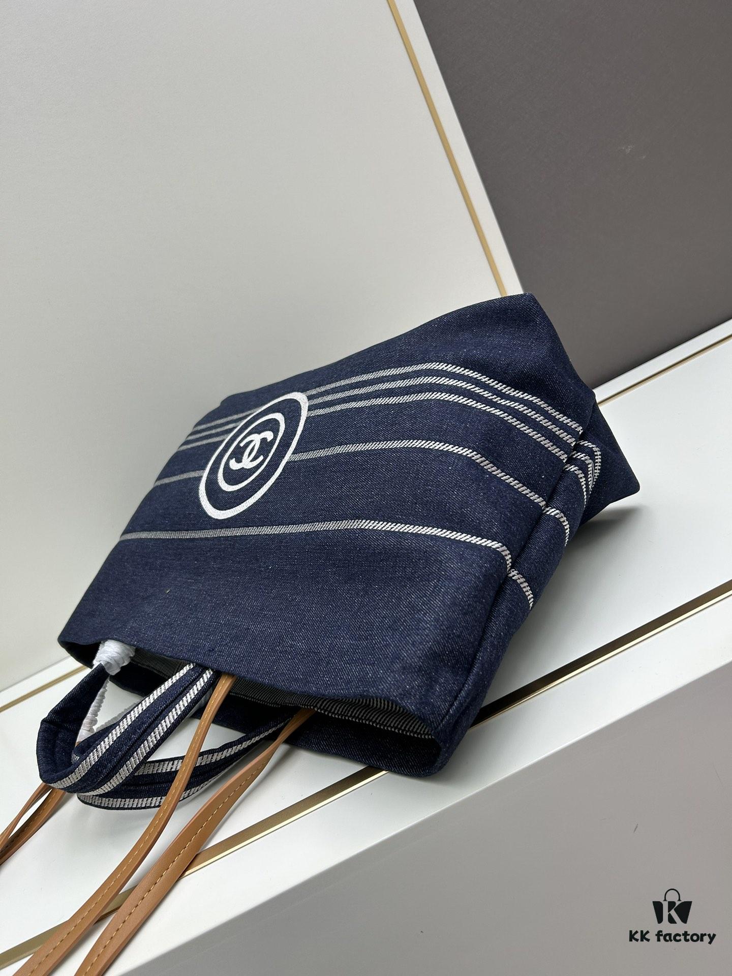 Large New Arrival CHANEL Navy Blue Striped Denim Beach Tote – A Must-Have for Vacation Style